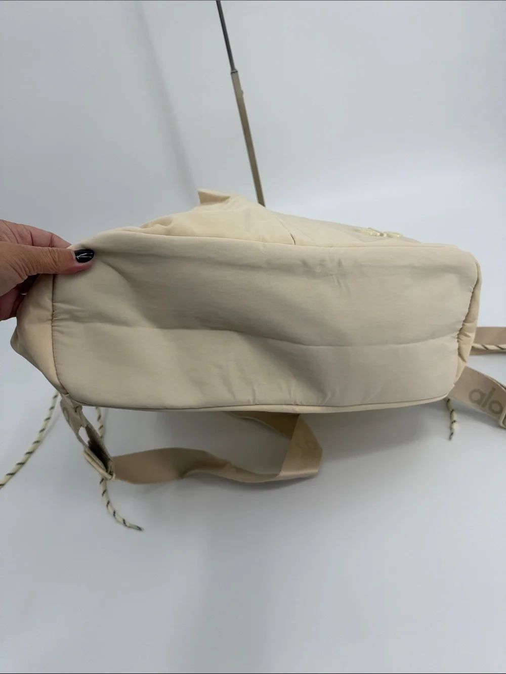 ALO Yoga Cream Drawstring Tote Backpack with Front Pockets Convertible Tote Bag